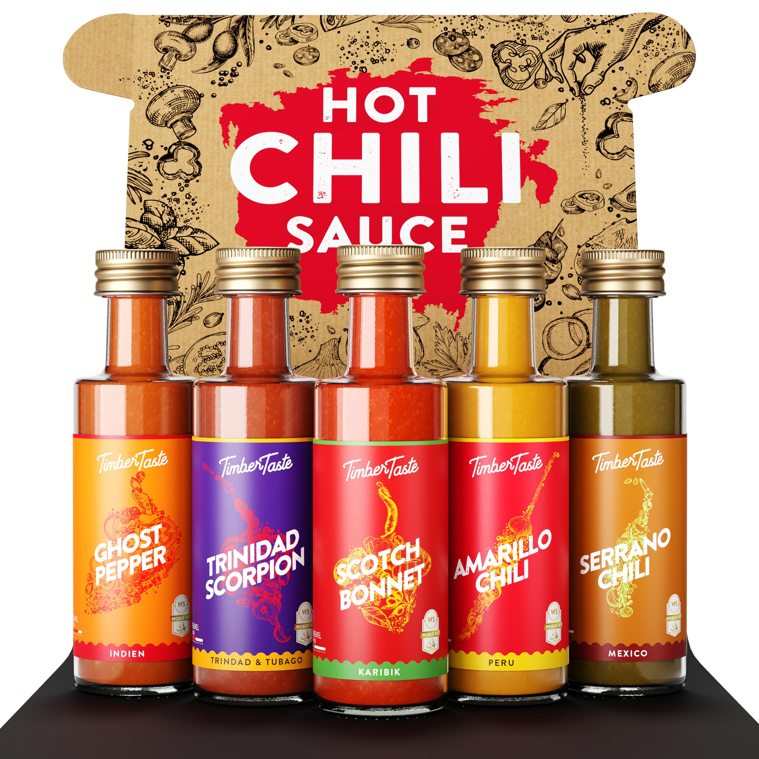 TIMBER TASTE® Chili Geschenkset scharfe Soßen Set - 5 Hot Sauce Set je 40ml in Geschenkverpackung für Liebhaber & Genießer scharfer Saucen | Ostergeschenk Mann | kleine Ostergeschenke Männer