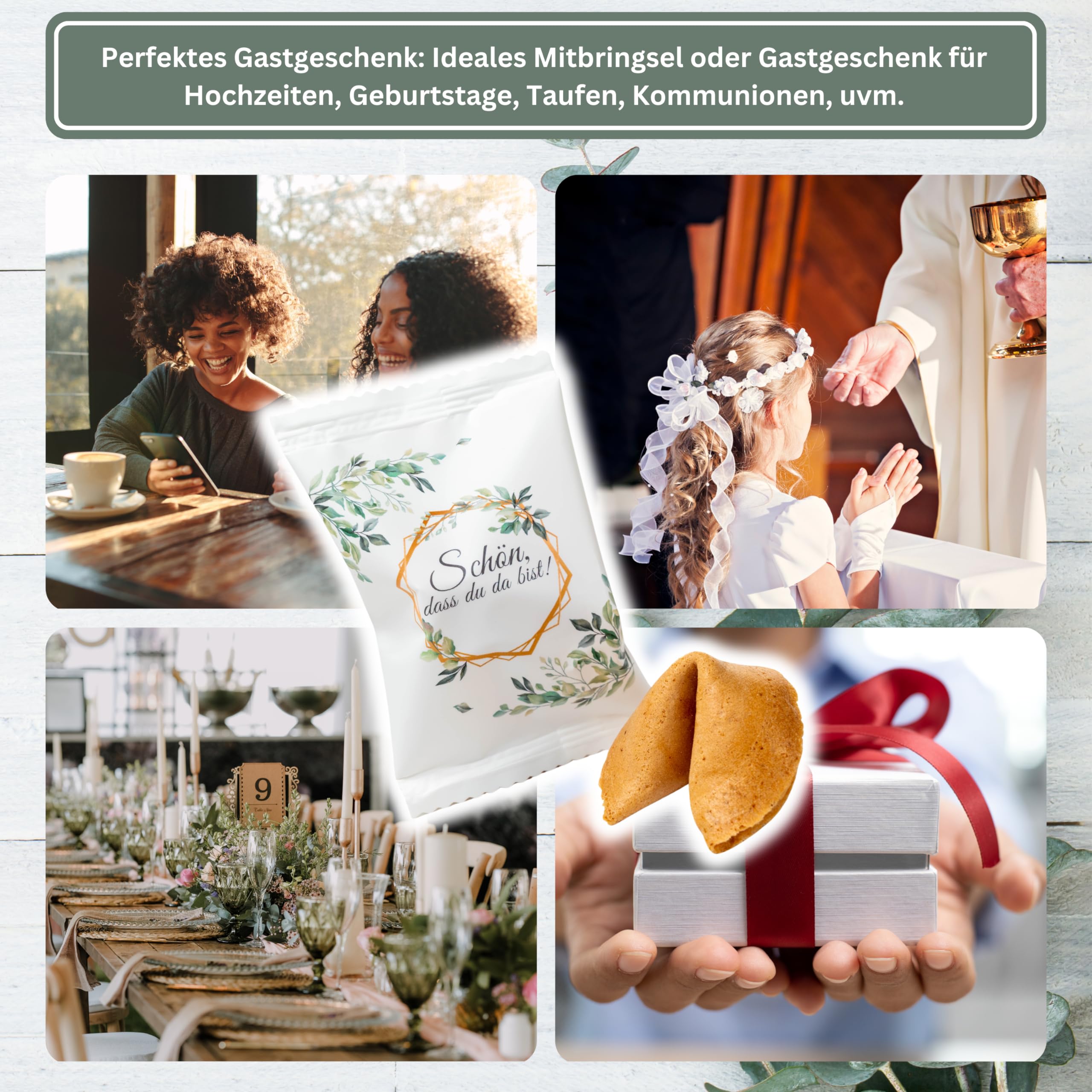 Lucky Treats Glückskekse - 25 Stück - Schön, dass du da bist - Gastgeschenke Hochzeit Deko - Sprüche auf Deutsch & Englisch - regional hergestellt