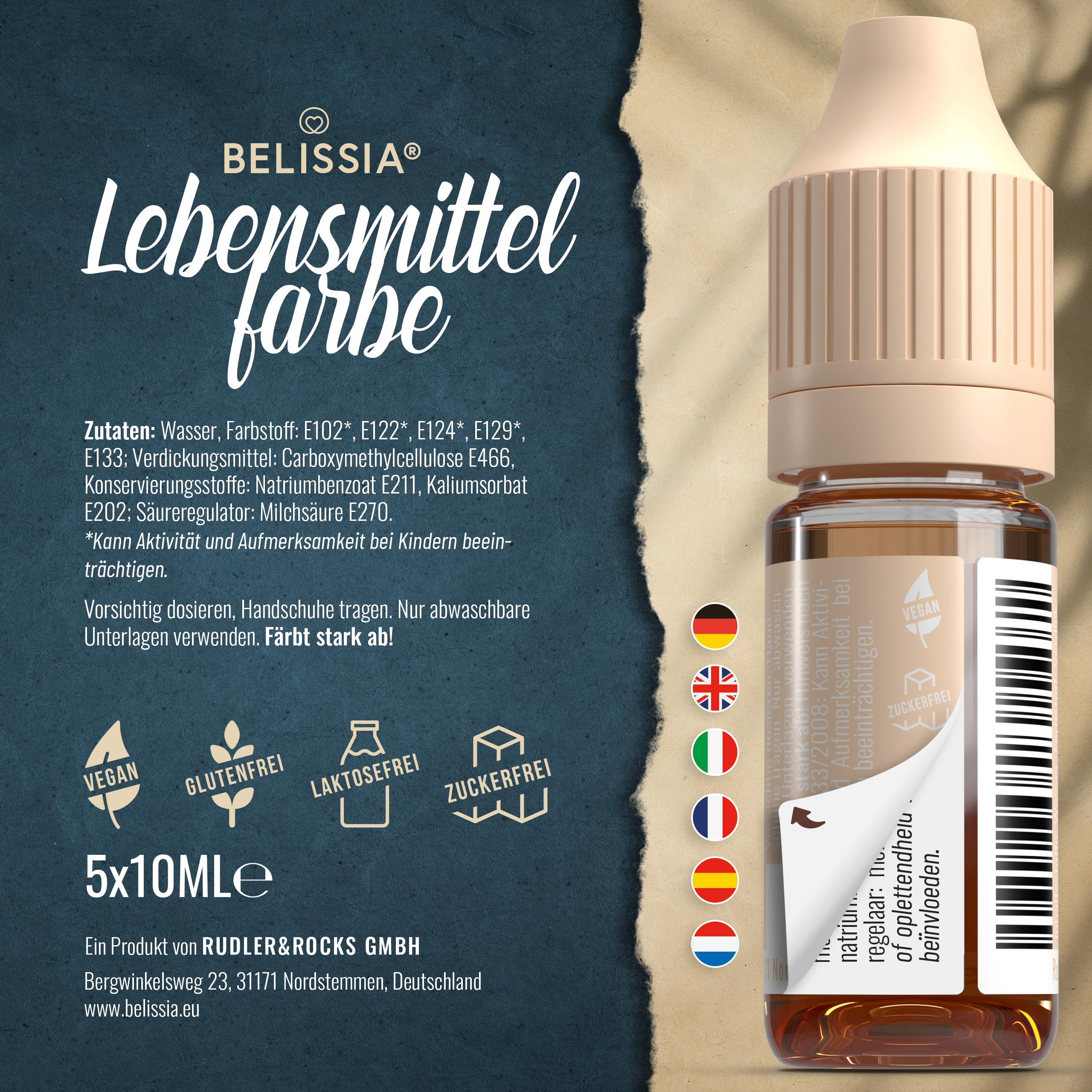 Belissia Lebensmittelfarbe Set – 8x10ml flüssig & hochkonzentriert – Lebensmittelechte Speisefarbe zum Backen, Kochen, Fondant & DIY - vegan, stark färbend, geschmacksneutral