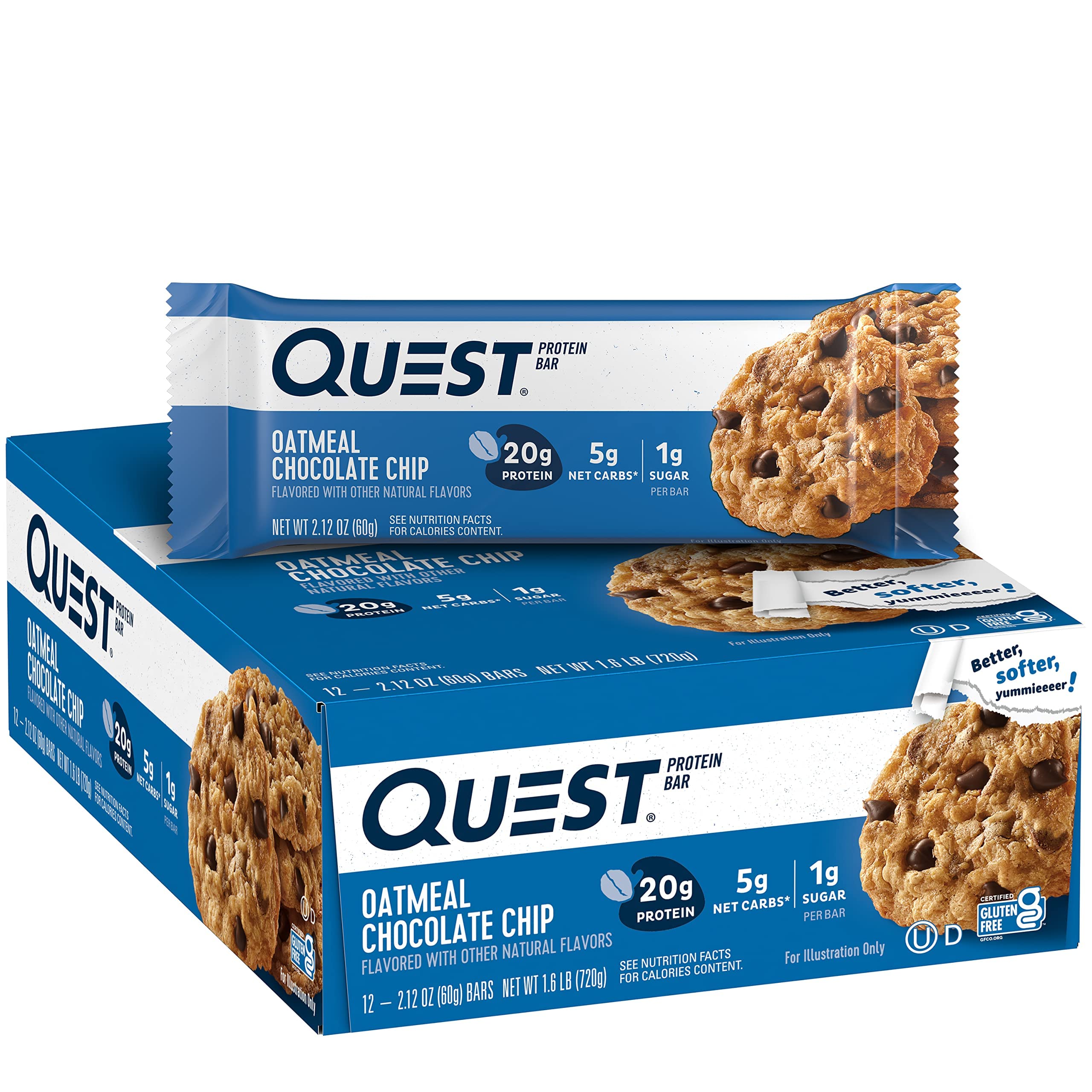 Quest Nutrition Chocolate Chip Dough Cookie Protein Bars, 21g Protein, 1g Sugar, 4g Net Carbs, High Fiber, Gluten Free, Keto-Friendly, 12 Count