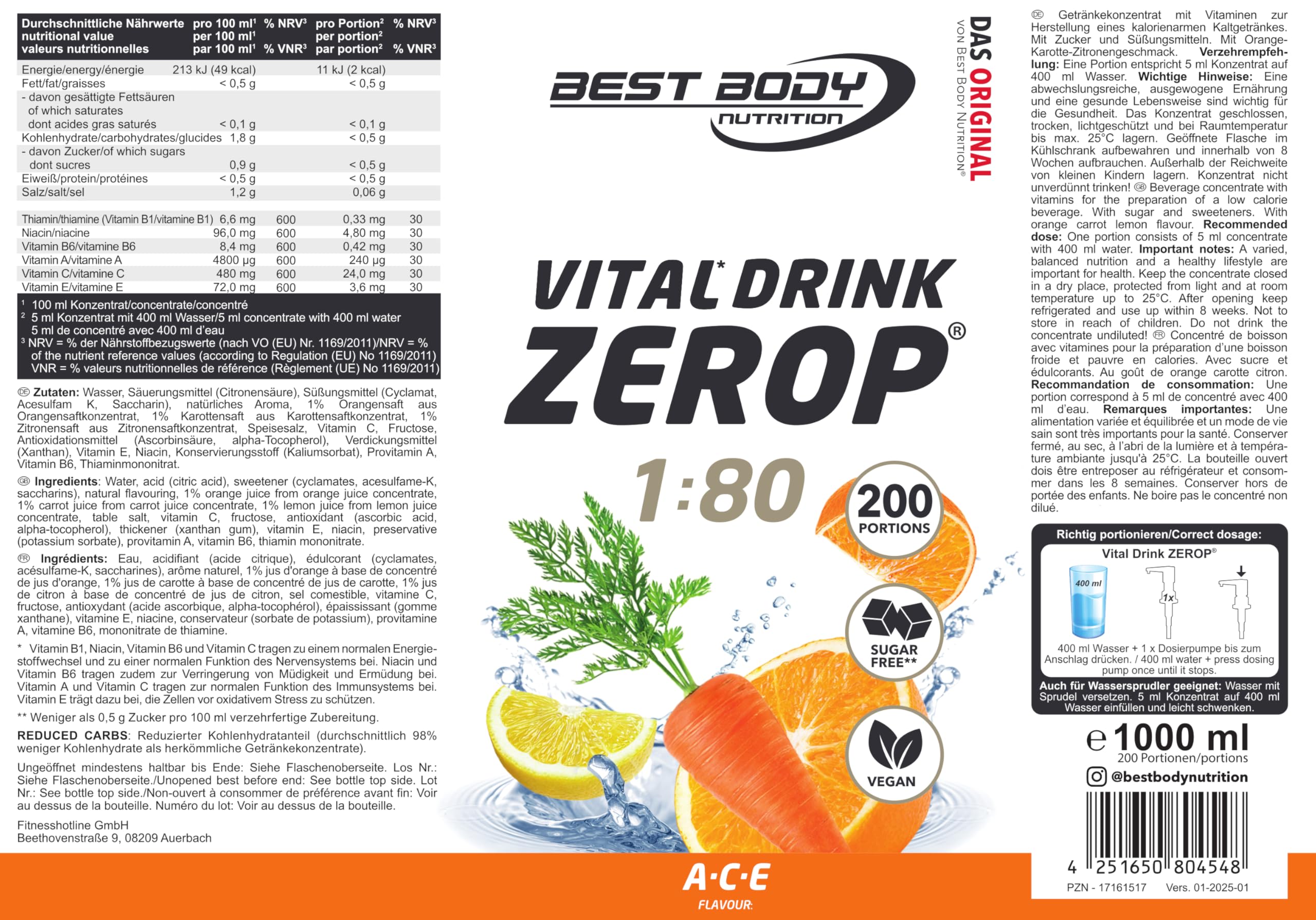 Best Body Nutrition ZEROP Vital Zuckerfreies Getränkekonzentrat Sirup Kirsche Ohne Aspartam 1 L ergibt 80 L Getränk Fitness Drink mit Vitaminen B1 B6 Niacin Kalorienarm Wassersprudler
