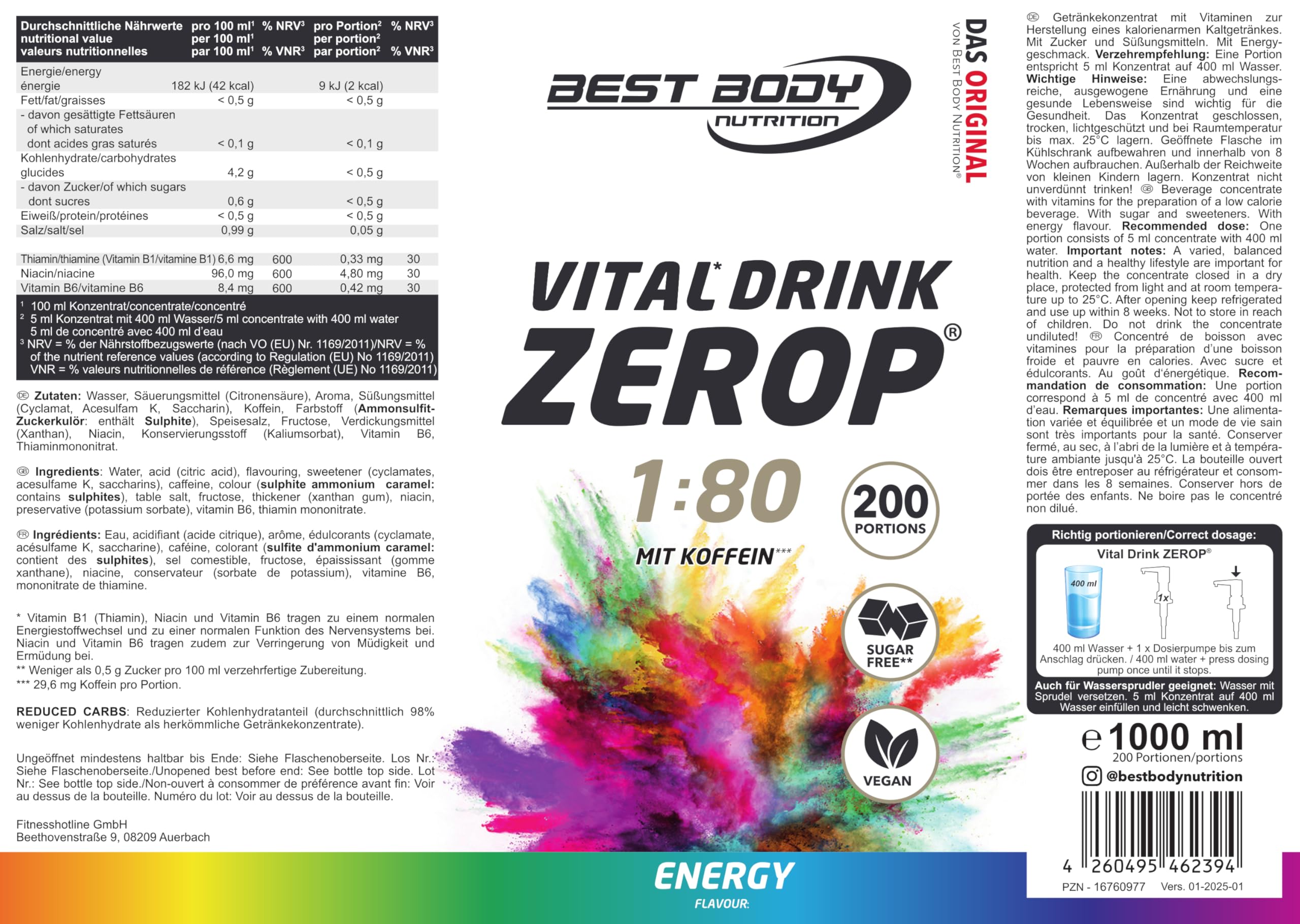 Best Body Nutrition ZEROP Vital Zuckerfreies Getränkekonzentrat Sirup Kirsche Ohne Aspartam 1 L ergibt 80 L Getränk Fitness Drink mit Vitaminen B1 B6 Niacin Kalorienarm Wassersprudler