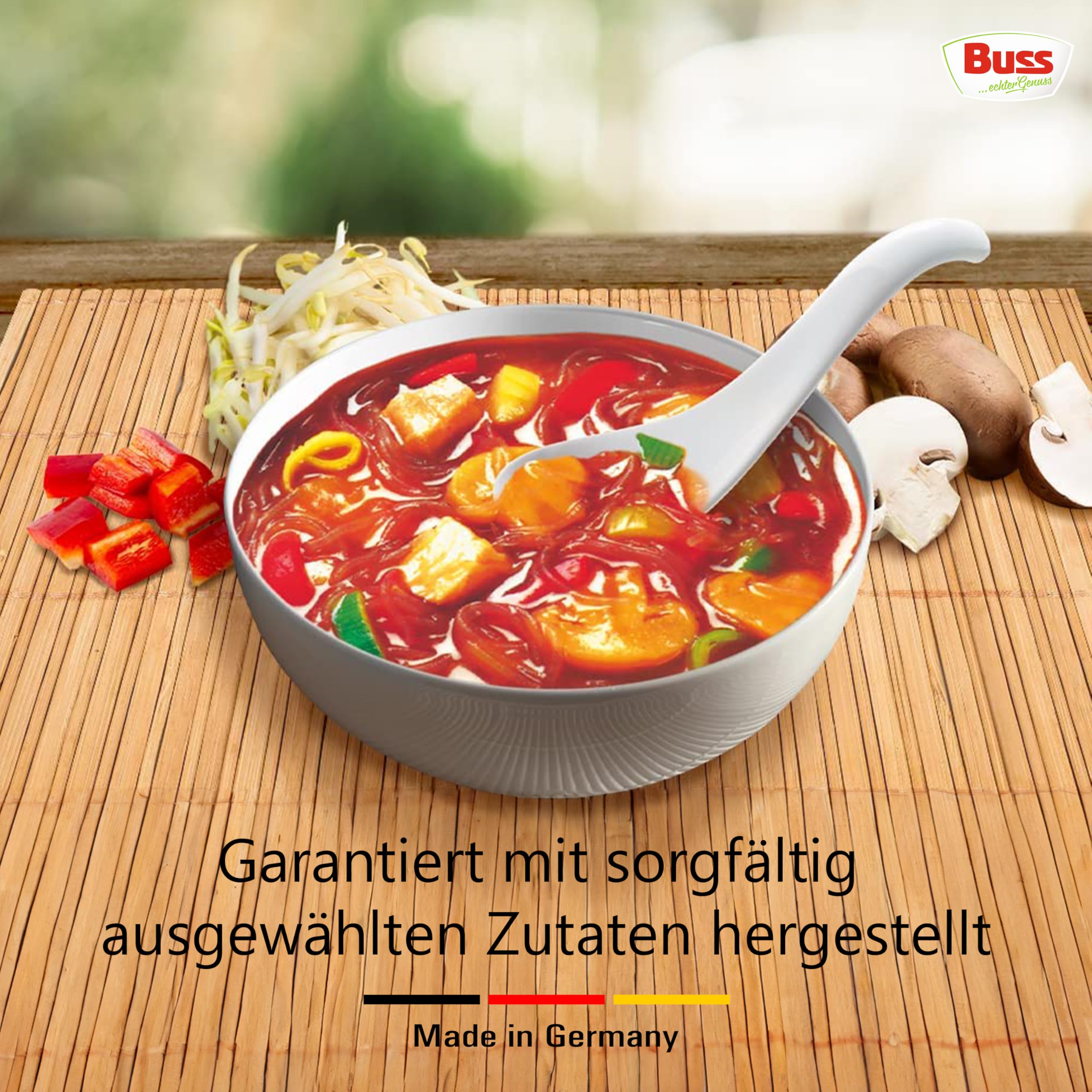 Buss Asia Suppen - Bihunsuppe Original nach indonesischer Art - Milde Asia Suppe mit Paprika, Hühnerfleisch und Glasnudeln - Schnelle Fertiggerichte zum Aufwärmen in Mikrowelle & Topf - 12 x 400g