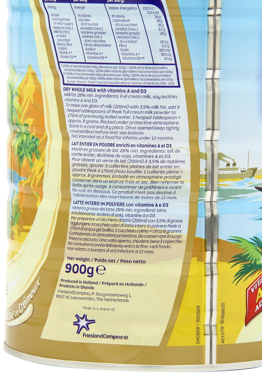 Peak Whole Milk Powder, 2 Pound (900g) Can - European Milk from Holland, rBST Free, Full Rich Flavor, Dissolves Instantly, Long Shelf Life, Premium Full Fat Quality