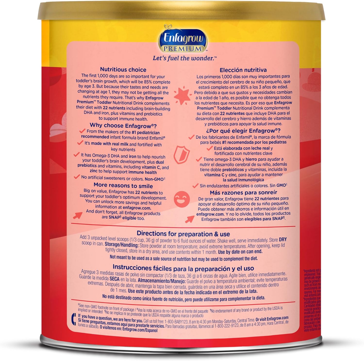 Enfagrow Premium Toddler Nutritional Drink, Made with Real Milk, Brain-Building Omega-3 DHA, Nutrients and Prebiotics for Growth & Immune Support, Non-GMO, Toddler Milk Powder, 32 Oz Can