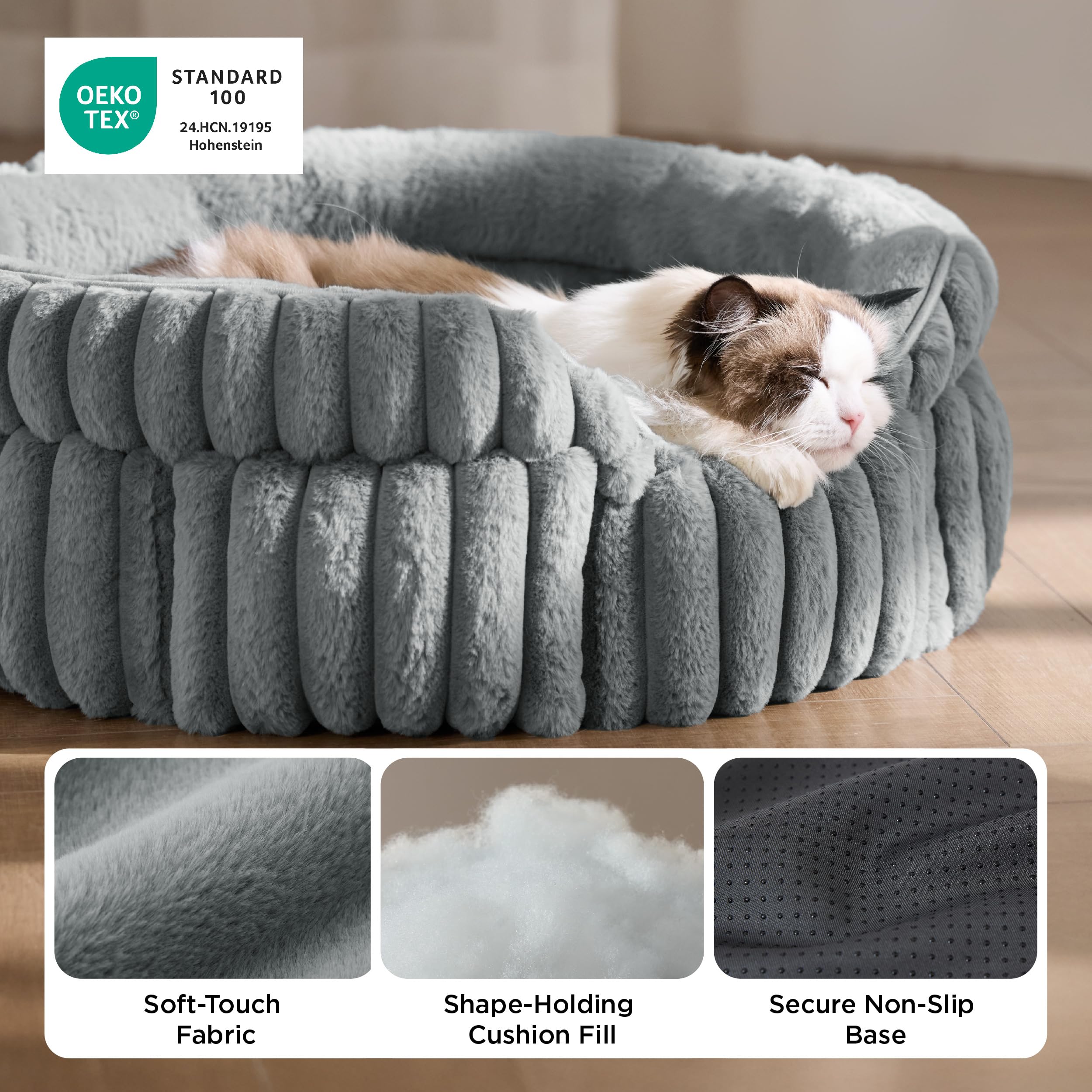 BEDSURE Flauschiges Katzenbett für Wohnungskatzen - 51 x 51 cm kleines rundes Katzenbett, waschbares Katzenbett für Kätzchen und Welpen mit Rutschfester Unterseite und abnehmbarem Kissen, grau