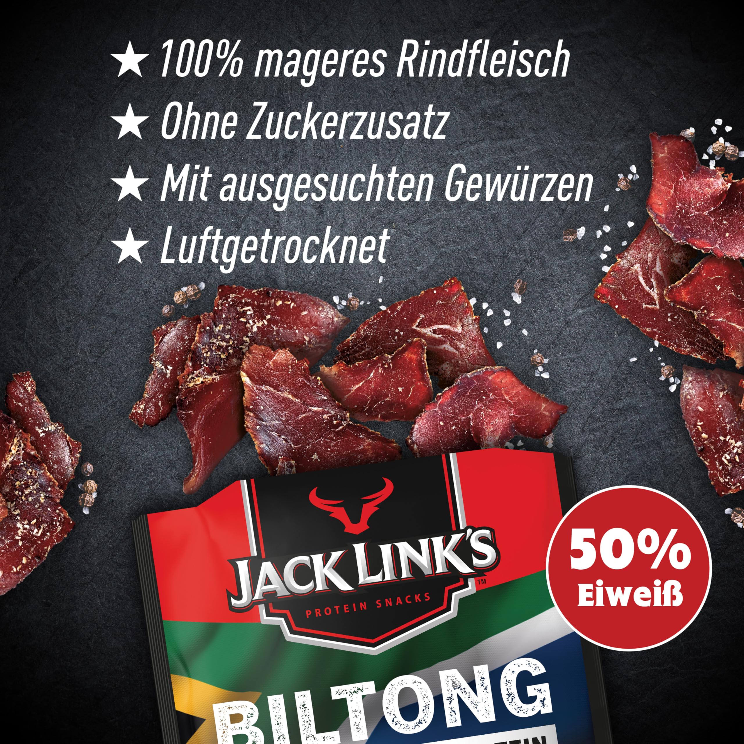 Jack Links Beef Jerky Original – 12er Pack (12 x 25g) – Trockenfleisch Eiweiß Snacks - High Protein Snack für Gym, Fitness, Outdoor - American Food für Menschen - Dörrfleisch Chips aus Rind Fleisch