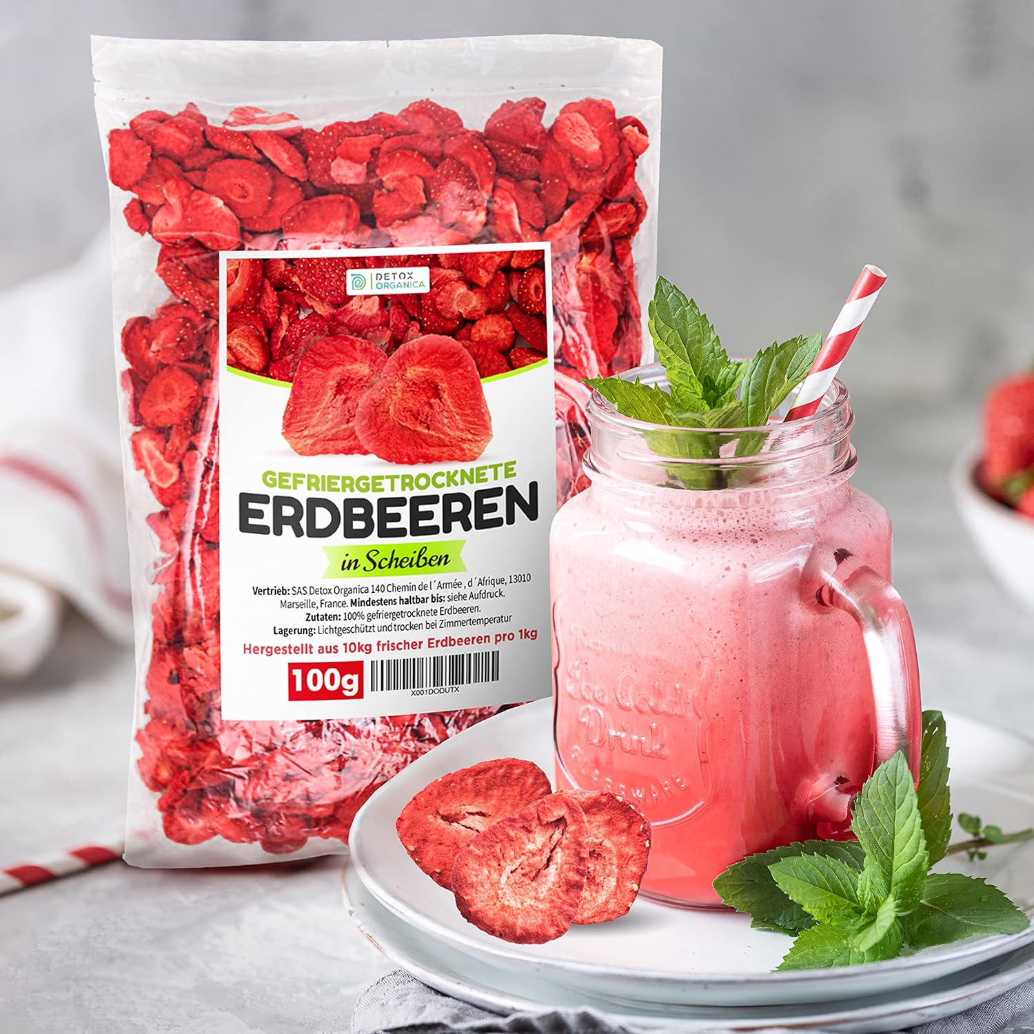 Detox Organica GEFRIERGETROCKNETE ERDBEEREN, 300g Früchte in Scheiben, 100% Trockenfrüchte natürlich und ohne Zusatz von Zucker oder Zusatzstoffen, Erdbeerchips freeze dried strawberries (300g)