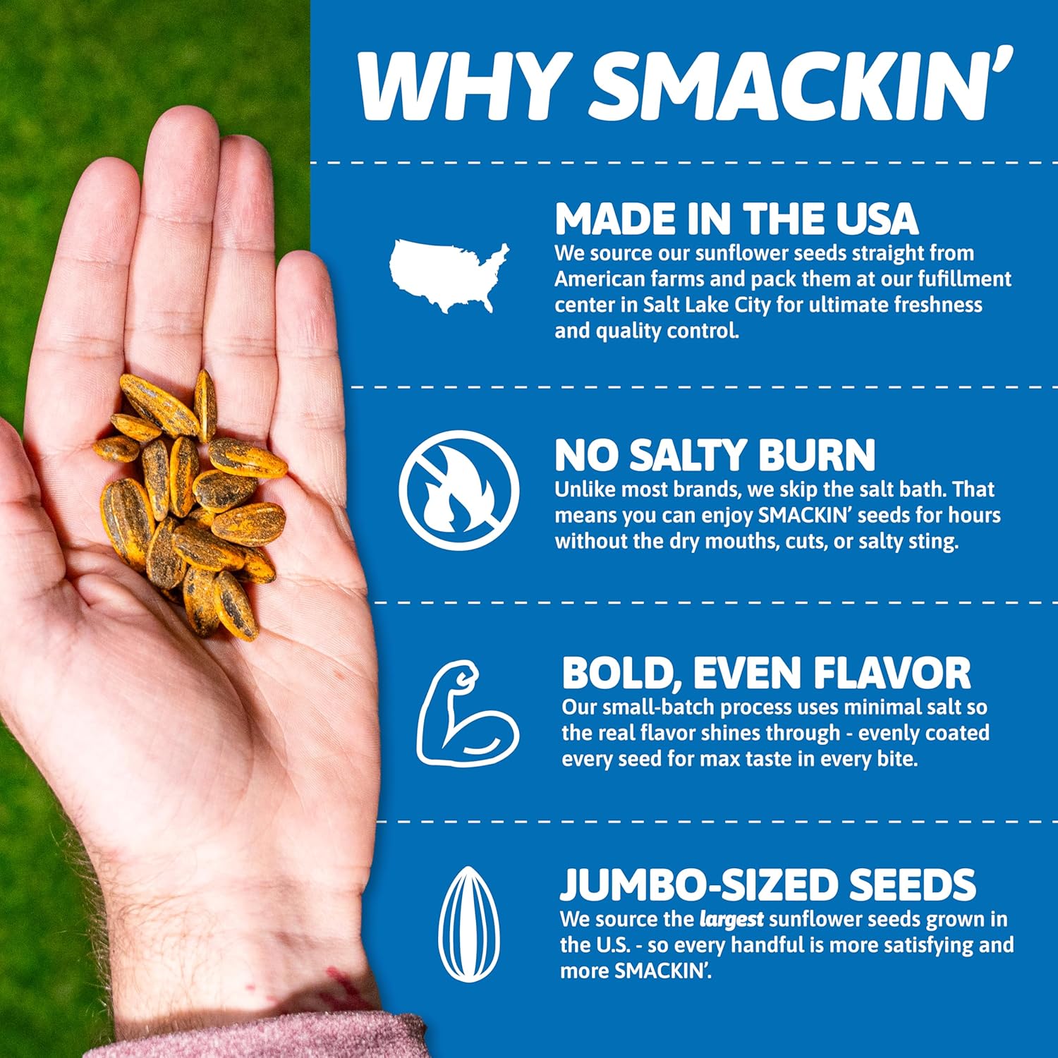 SMACKIN' Sunflower Seeds, Roasted Jumbo Small-Batch, American Made - Variety, 1.5oz bags (11 pack)