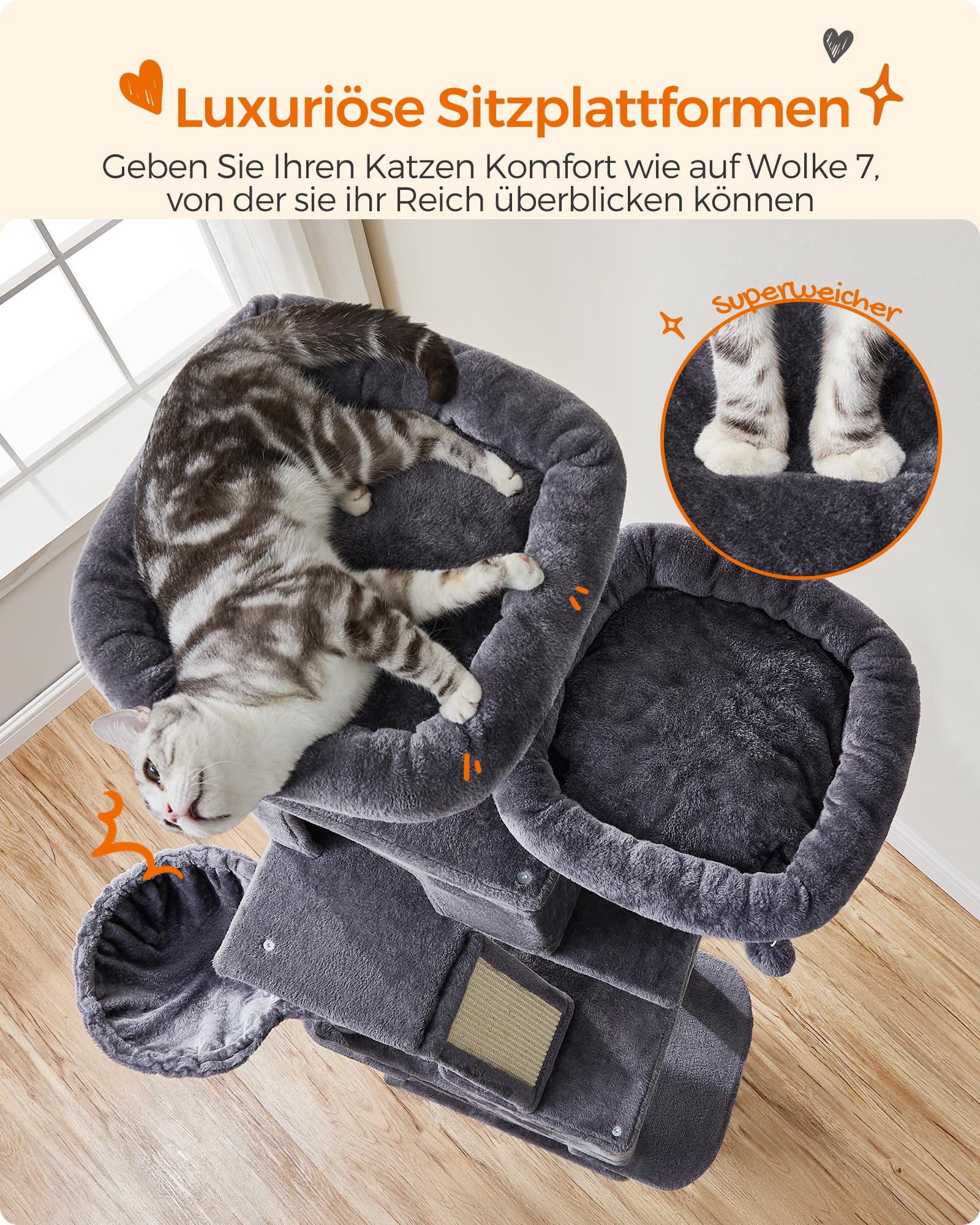 Feandrea Kratzbaum groß, 203,5 cm hoch, XXL Katzenbaum, mit 13 Kratzsäulen, 2 Plattformen, 2 Höhlen, Korb, Hängematte, Plüschbälle, mehrstöckiger Katzenkratzbaum, rauchgrau PCT190G01