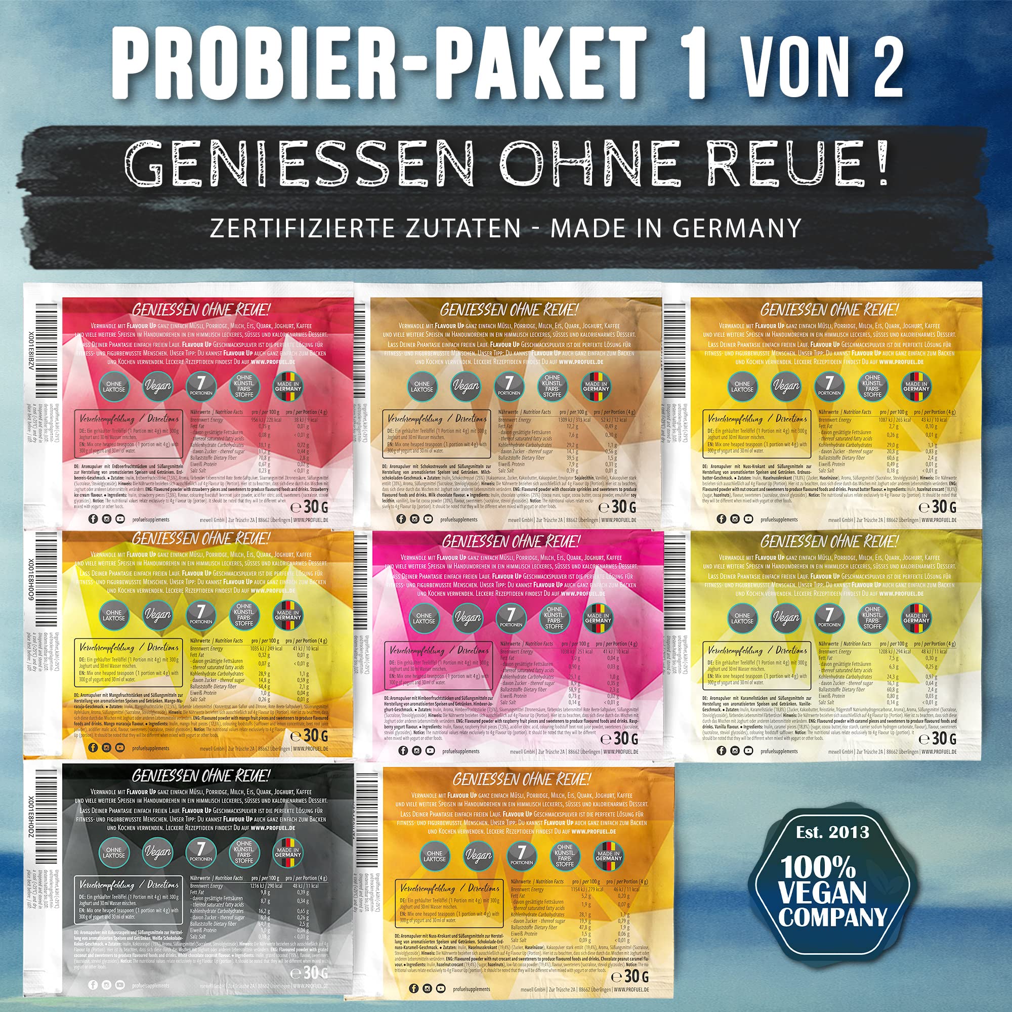 Geschmackspulver MIX PACK mit 8x30g Proben, 8 unglaublich leckere Flavours, nur 8-14 kcal pro Portion, Aroma & angenehme Süße, vielseitig einsetzbar für Lebensmittel & Getränke, FLAVOUR UP