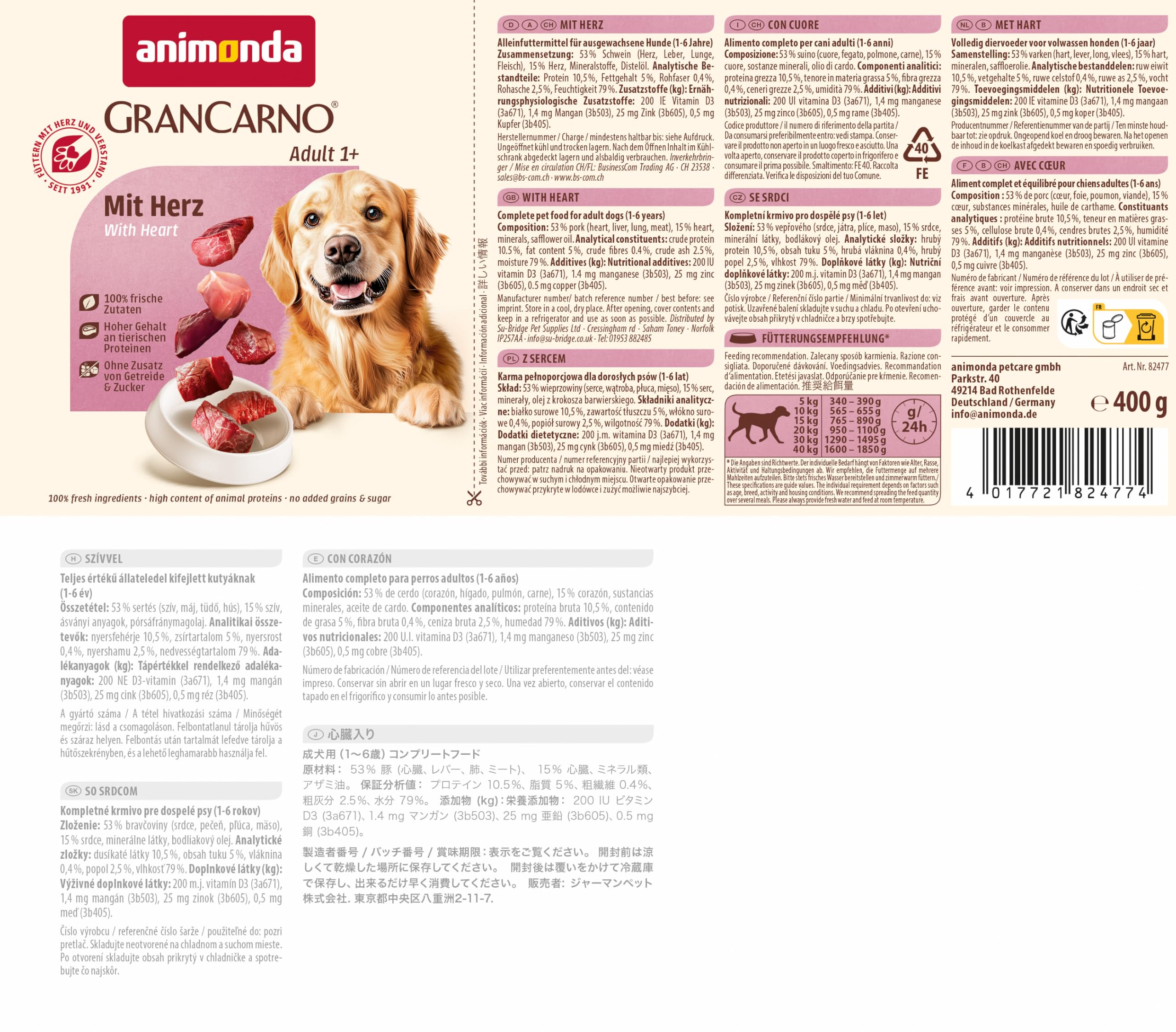 animonda GranCarno Hunde Nassfutter mit Rind + Entenherzen (6 x 800 g), getreidefreies Hundenassfutter ohne Zucker, für ausgewachsene Hunde, mit frischen fleischigen Zutaten