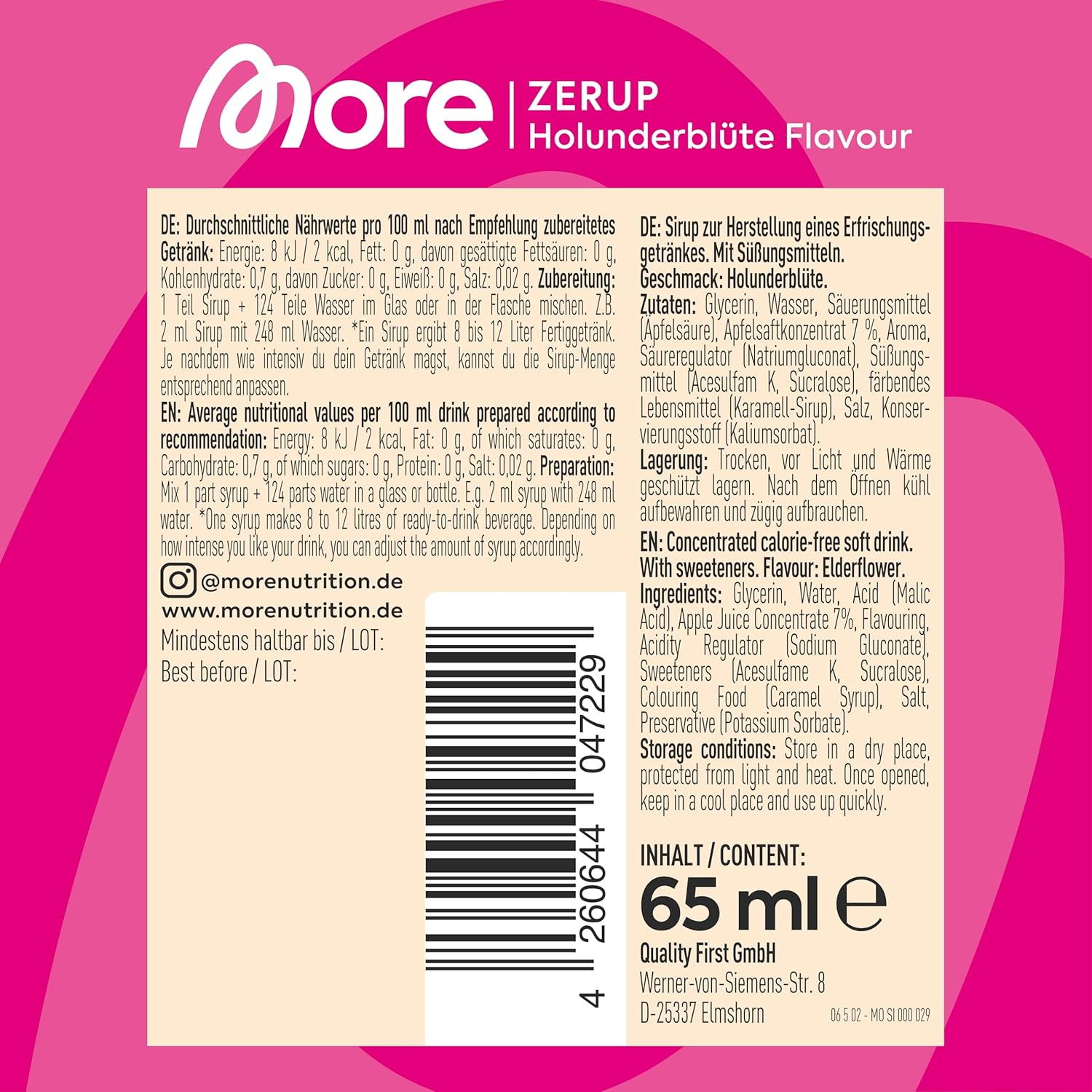 MORE Zerup, Peach Iced Tea, 65 ml, für bis zu 8 l Fertiggetränk, zuckerfreier Sirup mit u.a. echten Fruchtextrakten, vegan, zero Kalorien - made in Germany