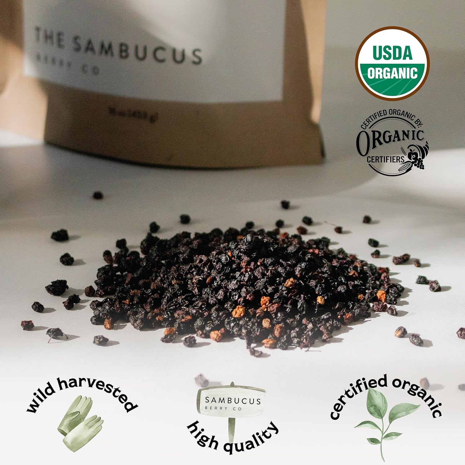 Certified USDA - 100% Organic Dried Elderberries - 1lb Bulk - Non-Irradiated, Non-GMO, Wild Harvest, Whole Black Elderberry Immune Support - Raw Vegan Sambucus 1 Pound