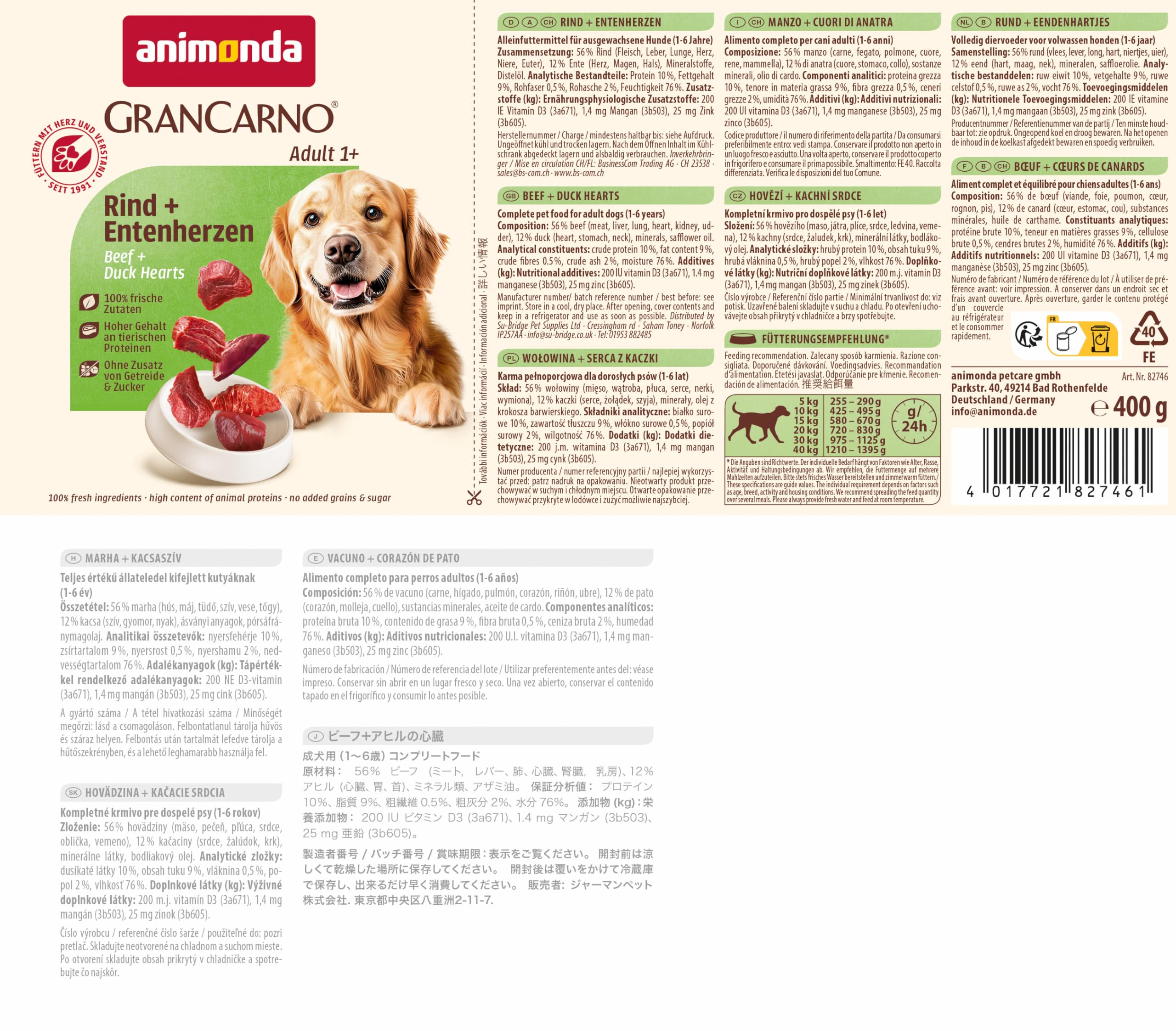 animonda GranCarno Hunde Nassfutter mit Rind + Entenherzen (6 x 800 g), getreidefreies Hundenassfutter ohne Zucker, für ausgewachsene Hunde, mit frischen fleischigen Zutaten
