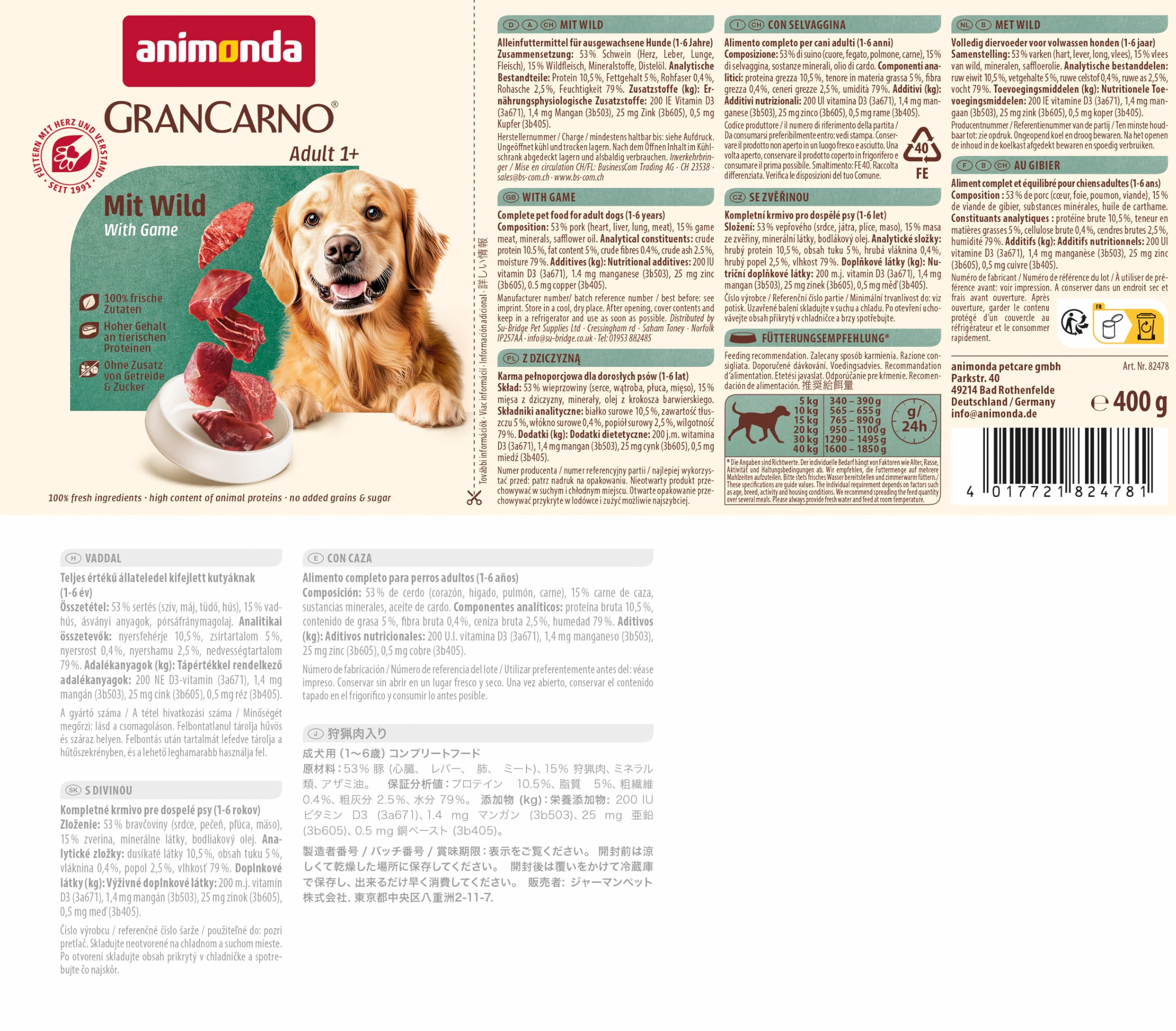 animonda GranCarno Hunde Nassfutter mit Rind + Entenherzen (6 x 800 g), getreidefreies Hundenassfutter ohne Zucker, für ausgewachsene Hunde, mit frischen fleischigen Zutaten
