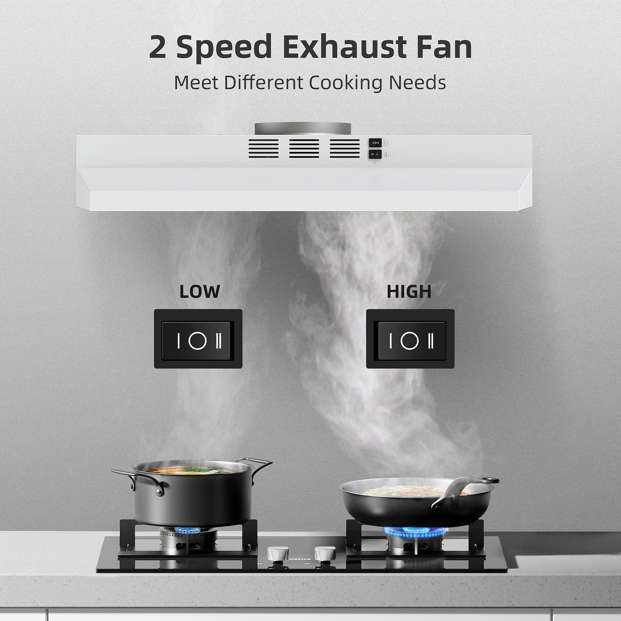 SNDOAS Range Hood 30 inch Under Cabinet, Ducted/Ductless Convertible Kitchen Hood, Stainless Steel Vent Hood with LED Light,Under Cabinet Hood with 2 Speed Exhaust Fan,Black