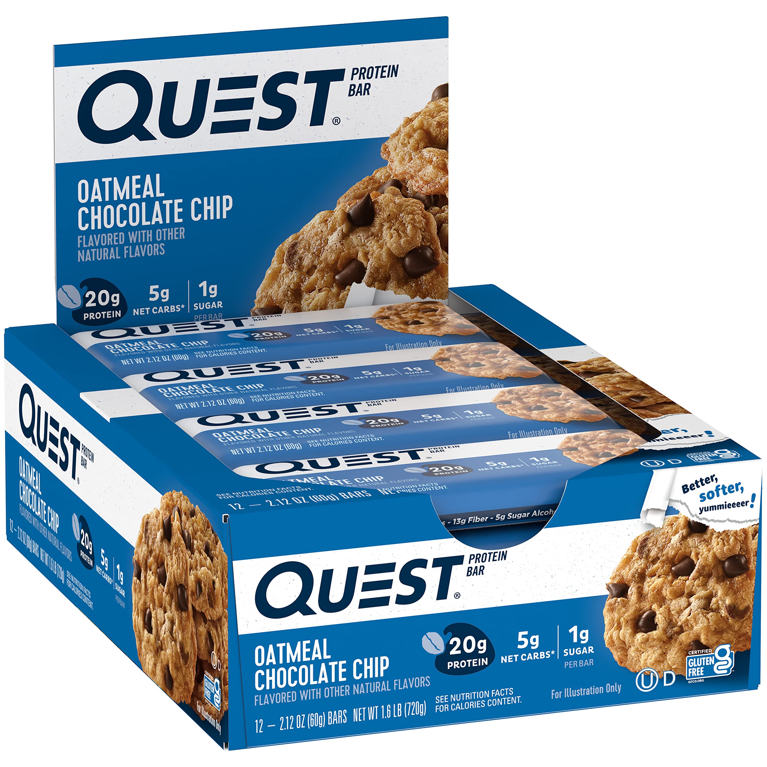 Quest Nutrition Chocolate Chip Dough Cookie Protein Bars, 21g Protein, 1g Sugar, 4g Net Carbs, High Fiber, Gluten Free, Keto-Friendly, 12 Count