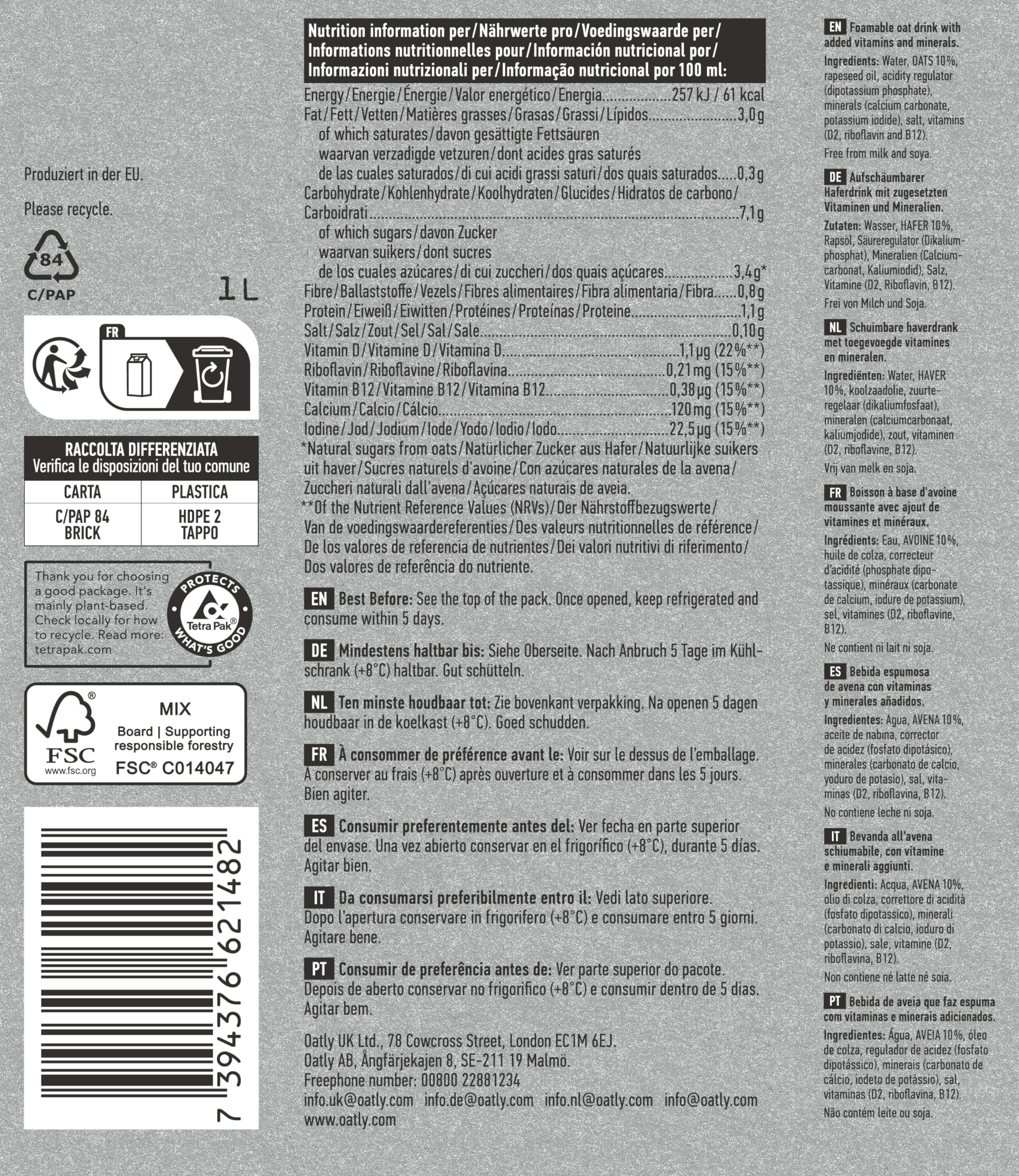 Oatly Barista Haferdrink Barista Edition, Long Life 1 Litre (6er Pack)