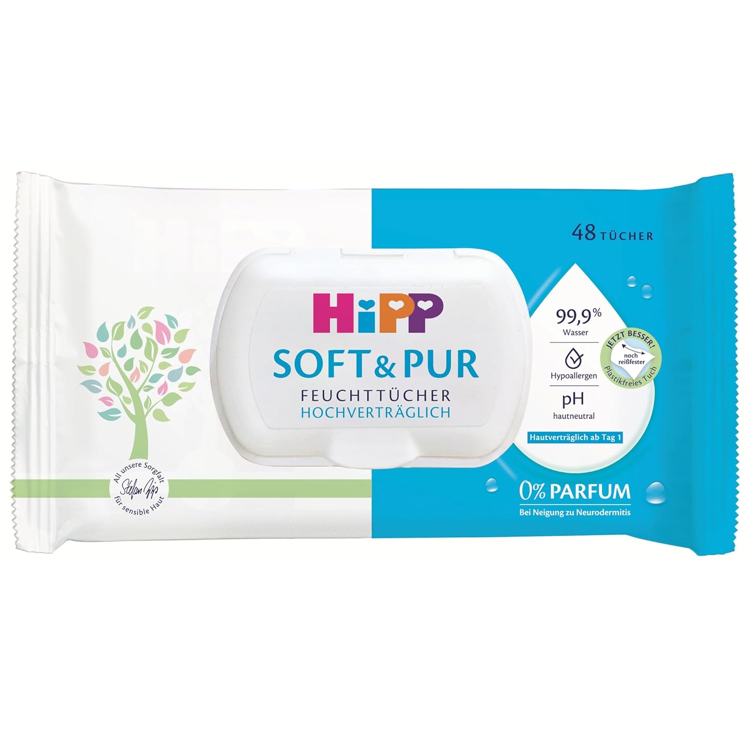 HiPP Soft & Pur Feuchttücher, 864 Stück (18 x 48), hochverträglich, 99,9 % Wasser, ohne Parfum, ideal für trockene, hochsensible Babyhaut, auch bei Neurodermitis-Neigung