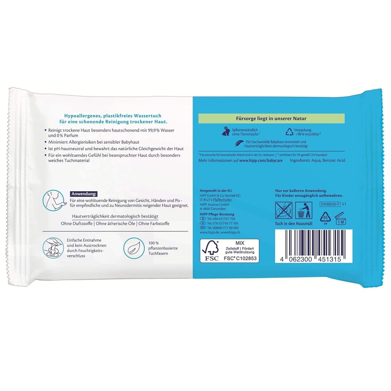 HiPP Soft & Pur Feuchttücher, 864 Stück (18 x 48), hochverträglich, 99,9 % Wasser, ohne Parfum, ideal für trockene, hochsensible Babyhaut, auch bei Neurodermitis-Neigung