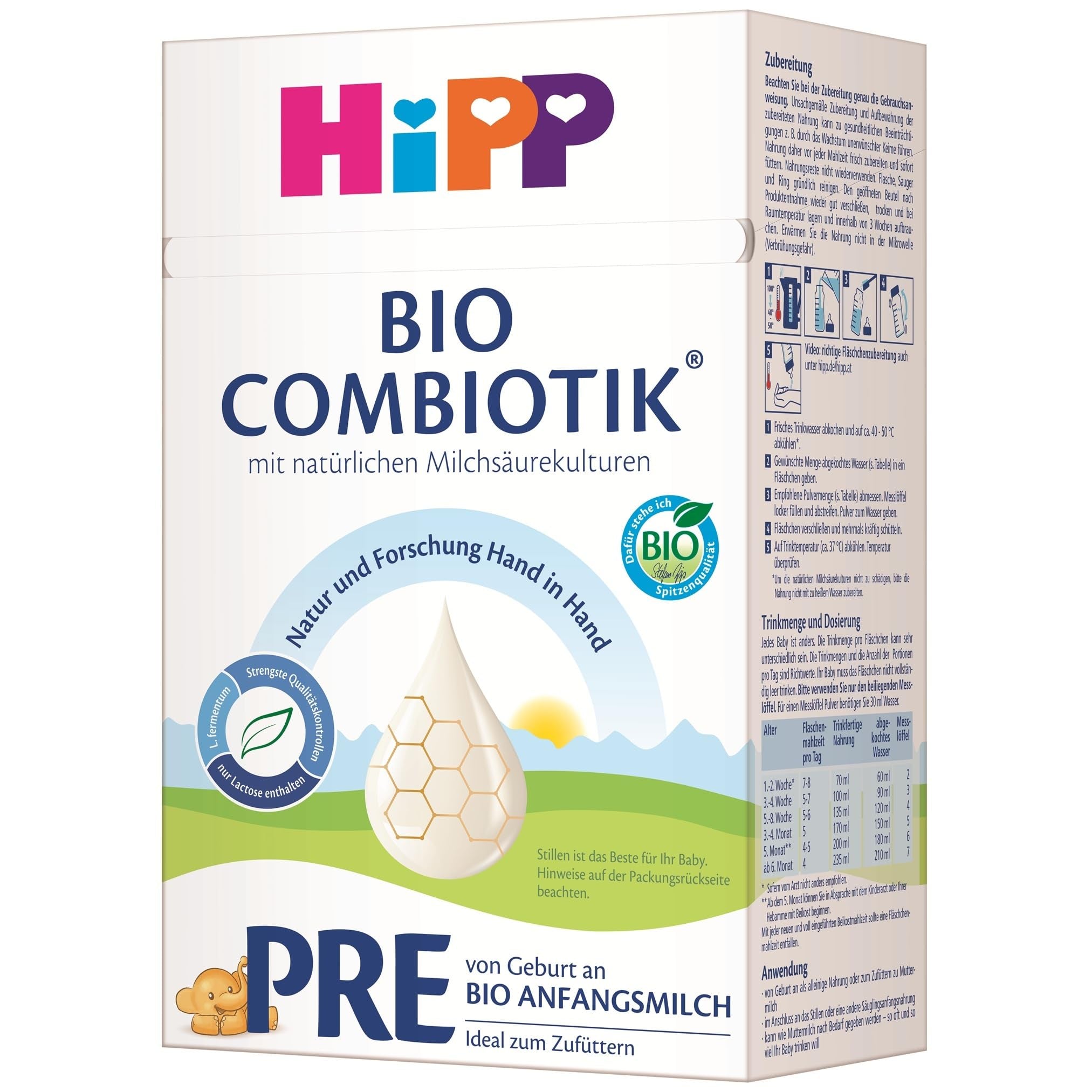 HiPP PRE Bio Combiotik (4 x 600g), Anfangsmilch von Geburt an, mit natürlichen Milchsäurekulturen, enthält nur Lactose als Kohlenhydrat, ideal zum Zufüttern