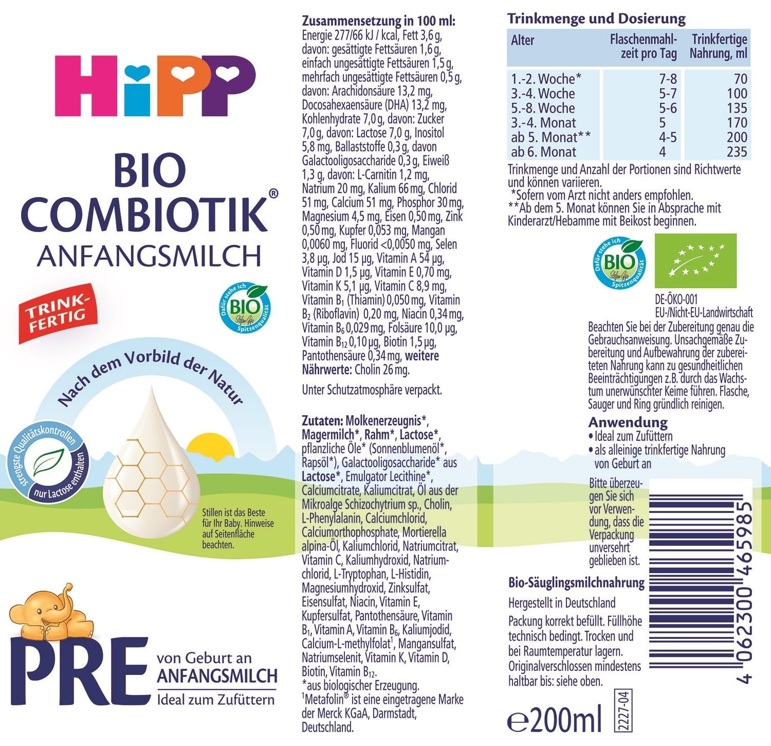 HiPP PRE Bio Combiotik (4 x 600g), Anfangsmilch von Geburt an, mit natürlichen Milchsäurekulturen, enthält nur Lactose als Kohlenhydrat, ideal zum Zufüttern